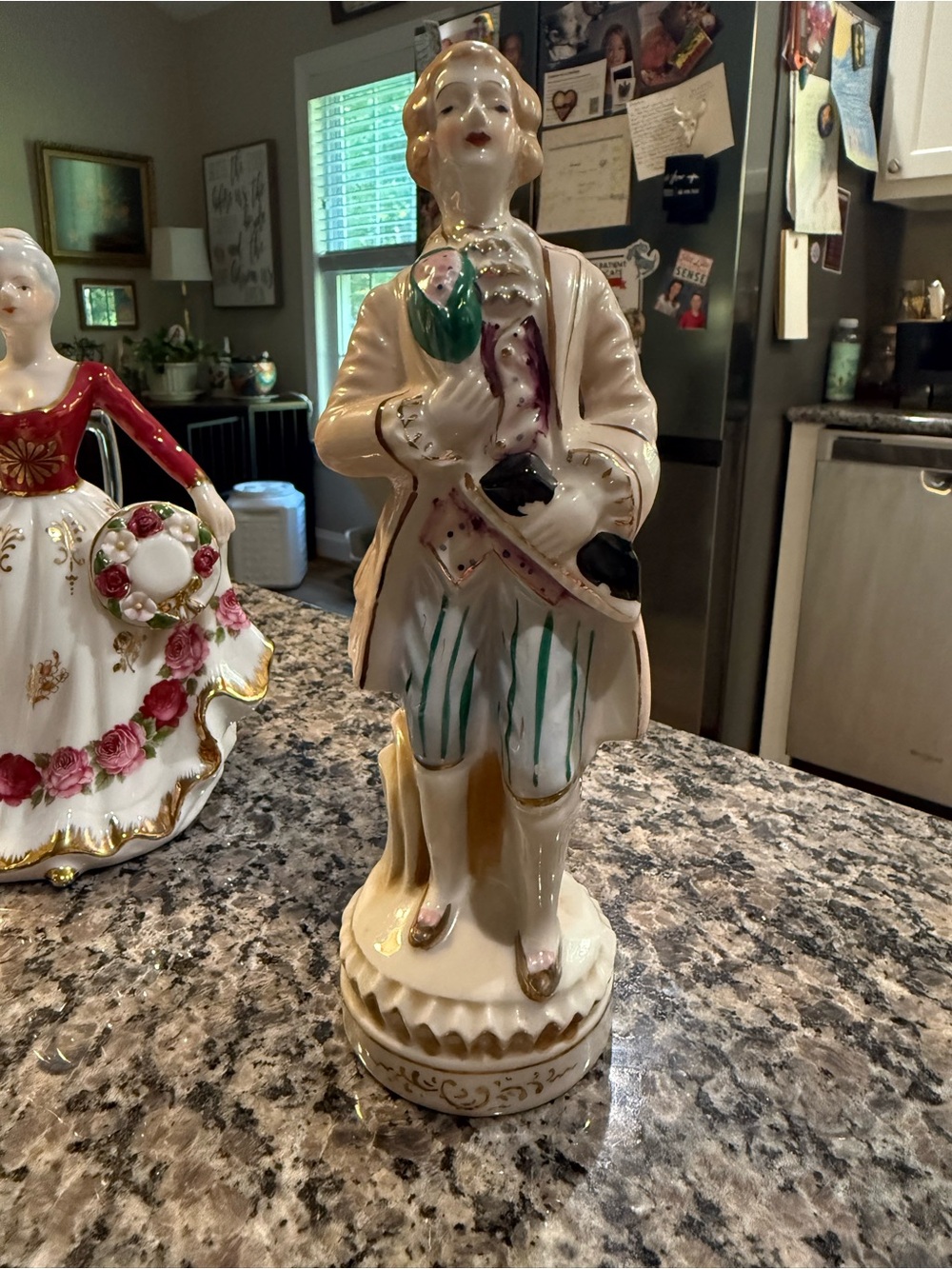 Porcelain Figurine Man Holding Flower - Cream and Green